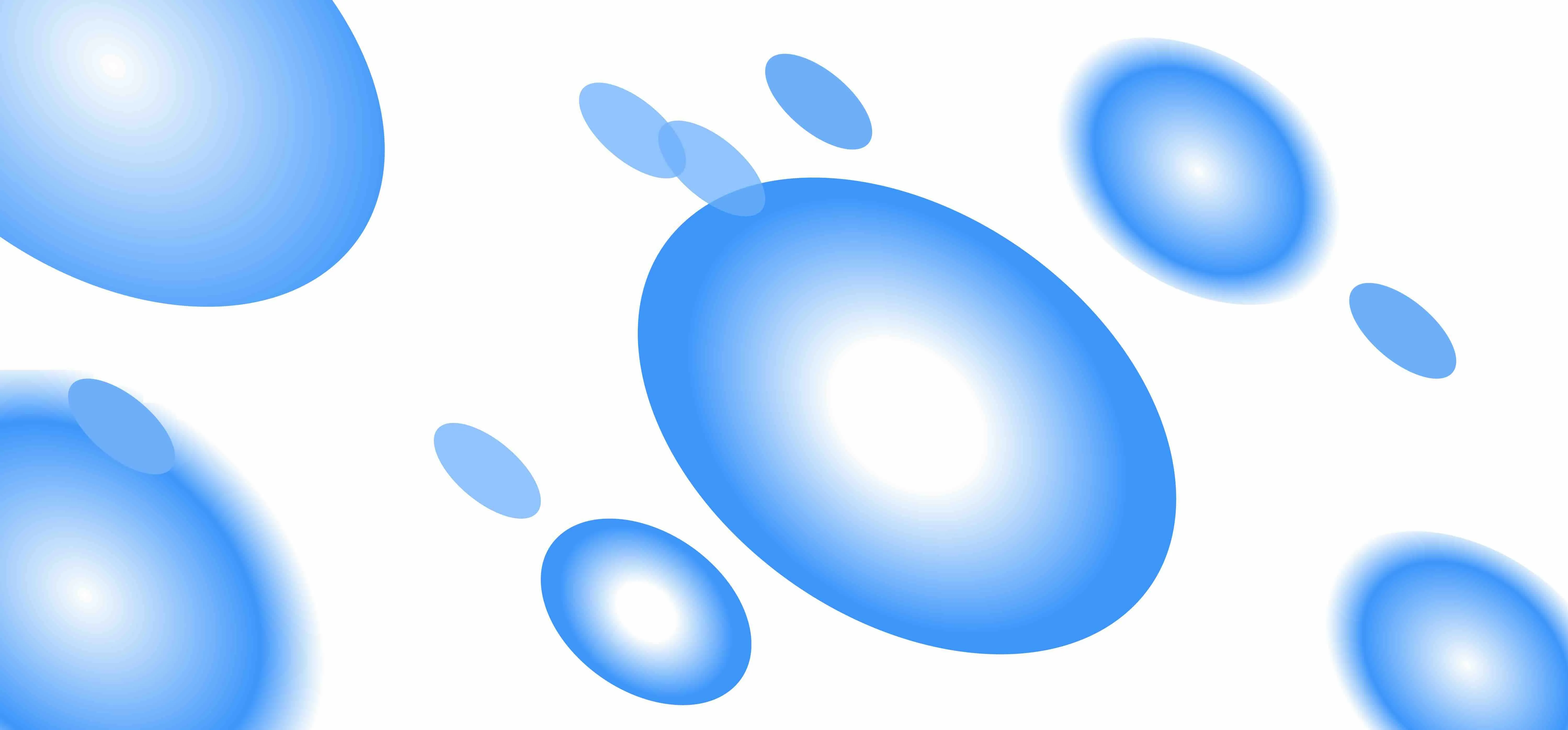 Bolhas azuis em um fundo branco. Elas compõe a identidade visual do espetáculo.