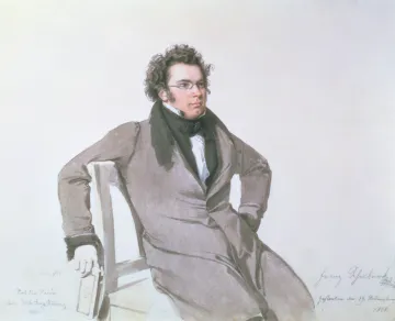 Retrato de Franz Schubert sentado em uma cadeira, com postura relaxada e olhar atento. Usa paletó escuro, lenço no pescoço e segura um livro na mão esquerda; o fundo é claro e minimalista, destacando a figura do compositor.