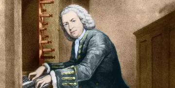 Pintura de Johann Sebastian Bach, homem adulto, branco e com cabelos brancos na altura dos ombros. Ele olha para a frente enquanto toca um piano a sua esquera. Ele está sério.