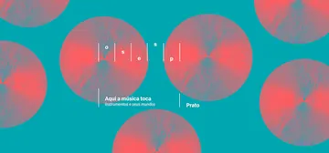 A imagem é azul, com pratos em vermelho sobrepostos.