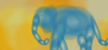 Ilustração abstrata de um elefante azul translúcido sobre fundo em tons de amarelo e laranja.