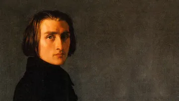 Pintura colorida de Franz Liszt, homem branco, jovem, de cabelos castanhos lisos e na altura nos ombros. Seu rosto está amarelado com a iluminação solar vinda da esquerda. Ele veste blusa preta de gola alta.